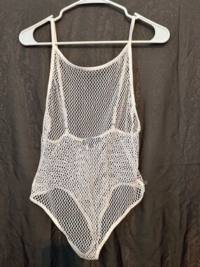 Fashion Nova White Fishnet One-Piece Swimsuit Cover-Up